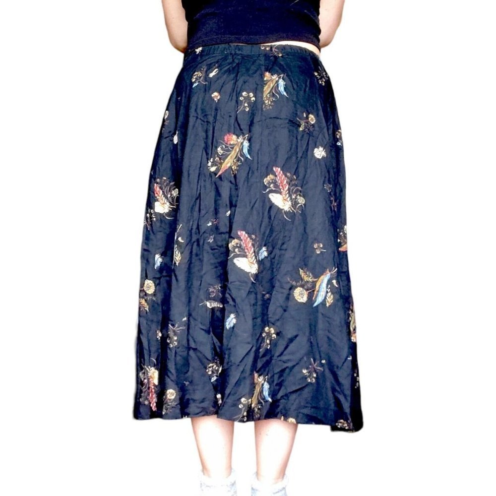90s Medium Black Feather Print Boho Faux Wrap Midi Maxi Skirt Rayon USA - Picture 3 of 11